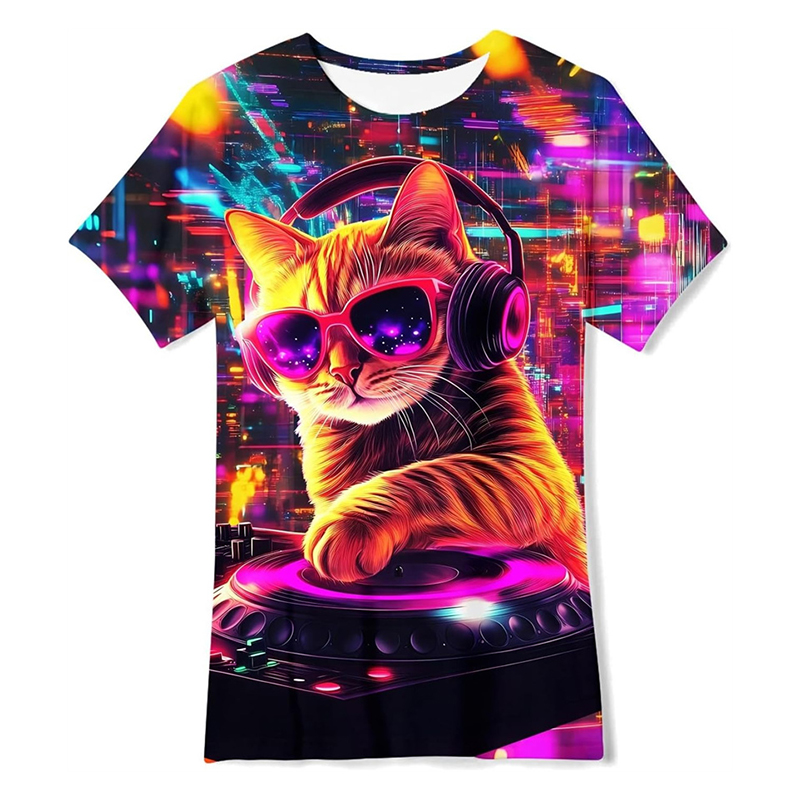 Street Fashion Trend 2025 - Neon Hip Hop Cat T-shirt For