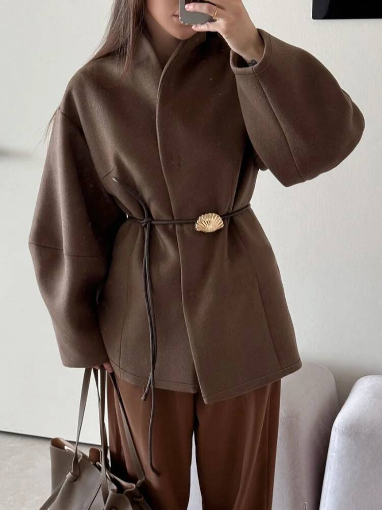 Chic Women's Solid Woolen Coat - Street Fashion Taiwan ulasan dan harga