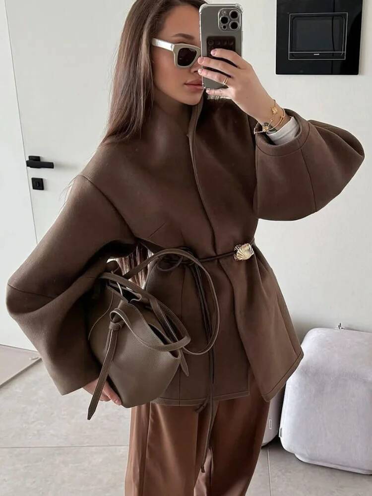 Chic Women's Solid Woolen Coat - Street Fashion Taiwan ulasan dan harga