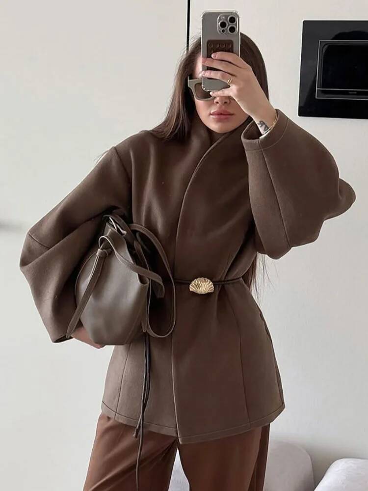 Chic Women's Solid Woolen Coat - Street Fashion Taiwan ulasan dan harga