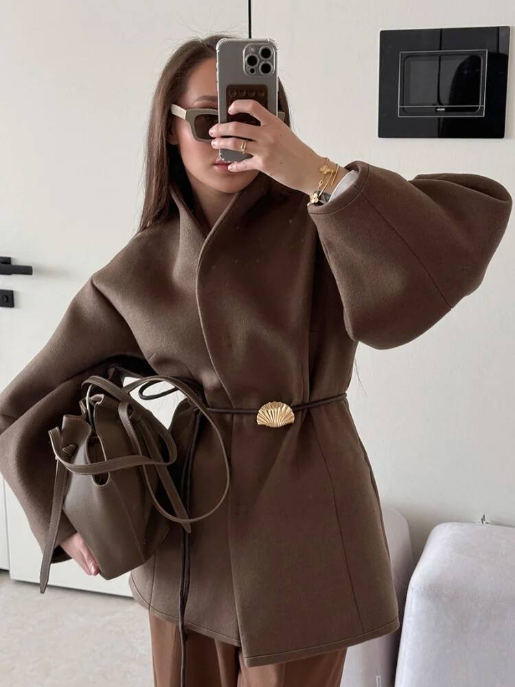 Chic Women's Solid Woolen Coat - Street Fashion Taiwan ulasan dan harga