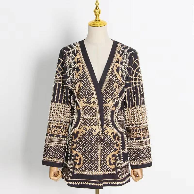 Fashion Beading V Neck Blazers - Street Fashion Taiwan ulasan dan harga