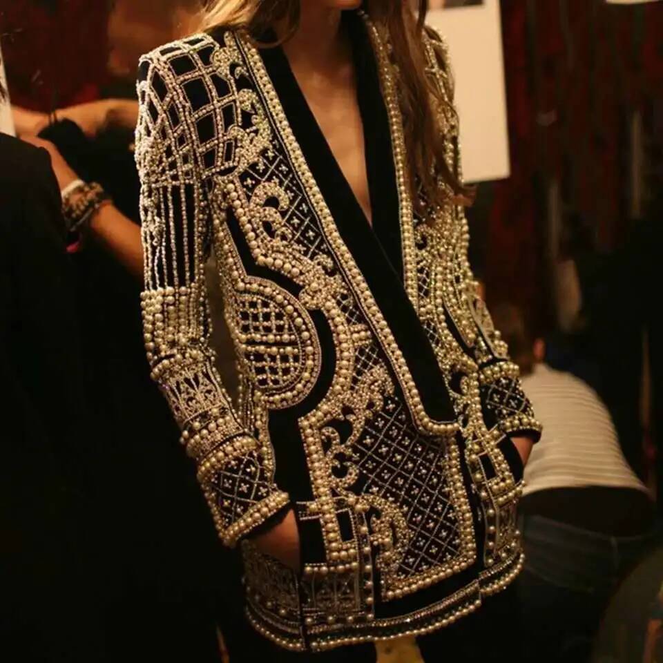 Fashion Beading V Neck Blazers - Street Fashion Taiwan ulasan dan harga