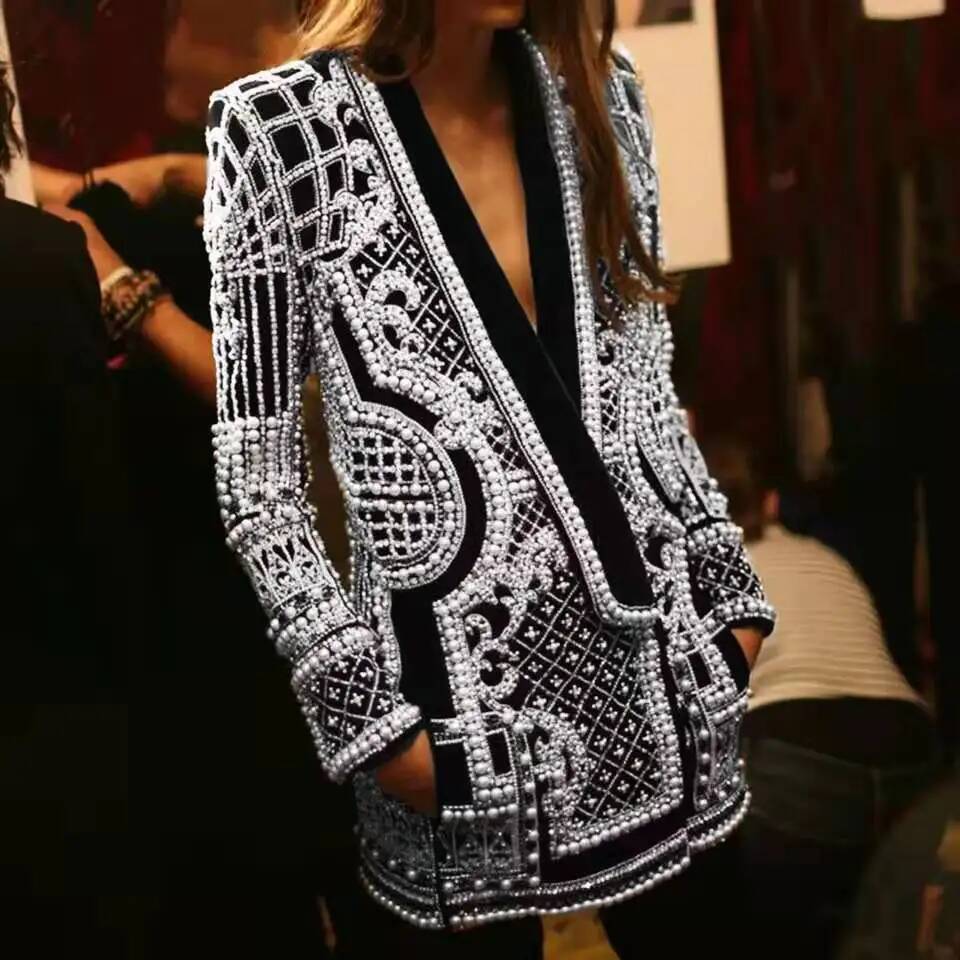 Fashion Beading V Neck Blazers - Street Fashion Taiwan ulasan dan harga