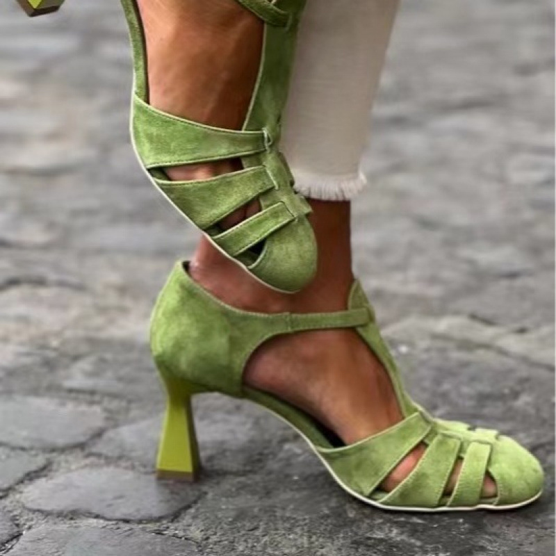 Women's Green Suede Kitten Hee - Street Fashion Dress ulasan dan harga