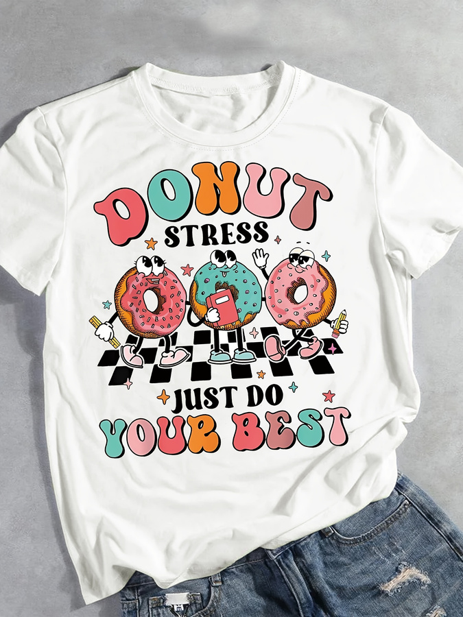 Cartoon Donut Print T-shirt, S - Street Fashion Trend 2025 ulasan dan harga